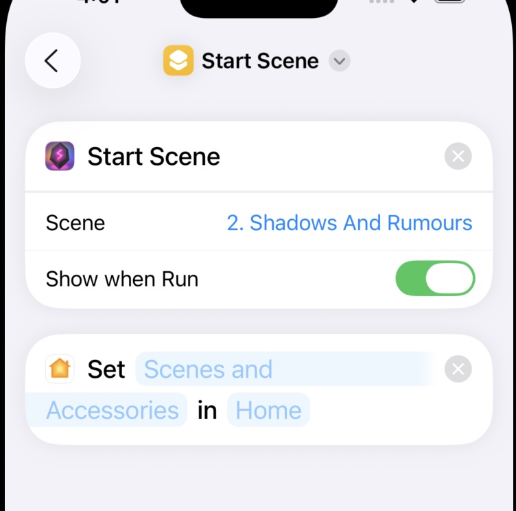 A Siri Shortcut that starts a Summoning Stone scene and sets a scene in Apple Home to control smart lights